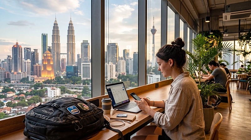 Digital nomad working remotely with an eSIM connection in Malaysia