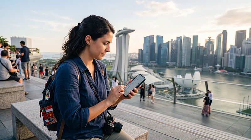 Traveler using Asia eSIM across multiple countries in Asia with maps, WhatsApp and travel apps