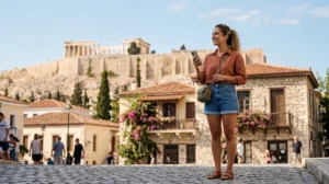 Traveler using an eSIM in Athens near the Acropolis with a smartphone