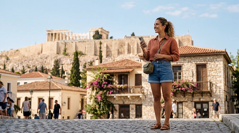 Traveler using an eSIM in Athens near the Acropolis with a smartphone