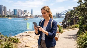 Traveler using an eSIM for mobile internet while exploring Australia