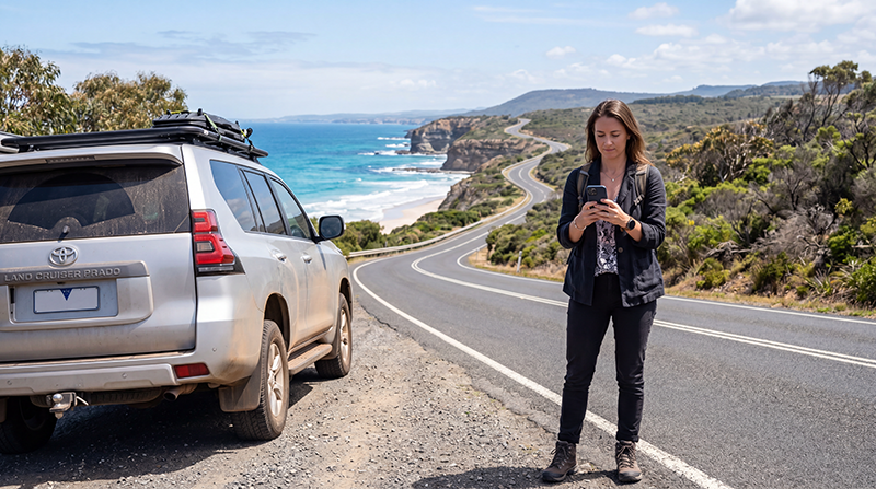 Traveler using an eSIM during an Australia road trip