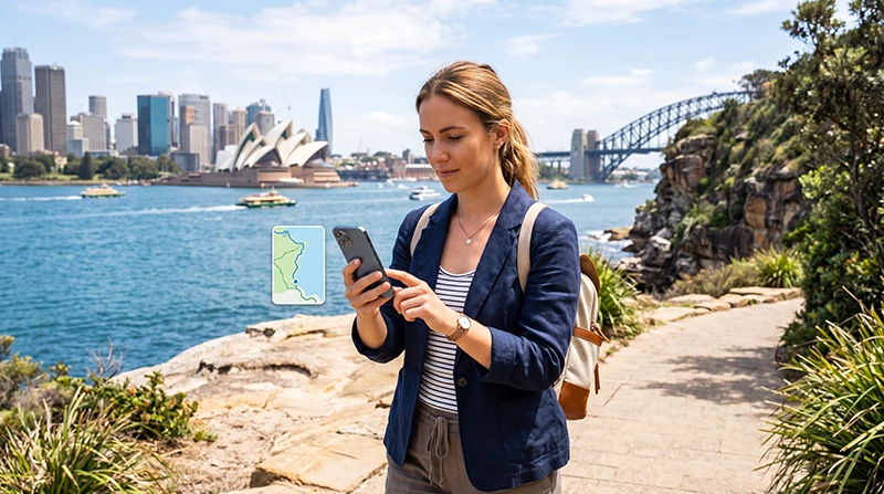 Traveler using an eSIM for mobile internet while exploring Australia
