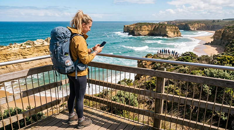 Backpacker using an eSIM while traveling across Australia