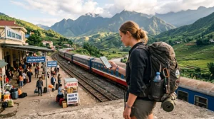 Backpacker using eSIM mobile internet while traveling across Vietnam