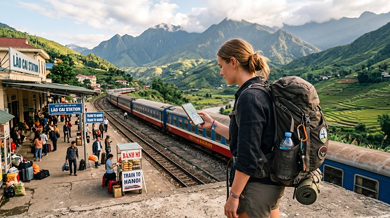 Backpacker using eSIM mobile internet while traveling across Vietnam