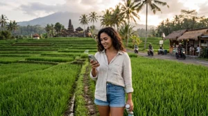 Traveler using an eSIM on a smartphone while exploring Bali, Indonesia