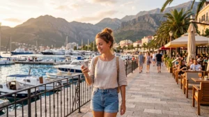 Traveler using an eSIM while exploring Bar in Montenegro