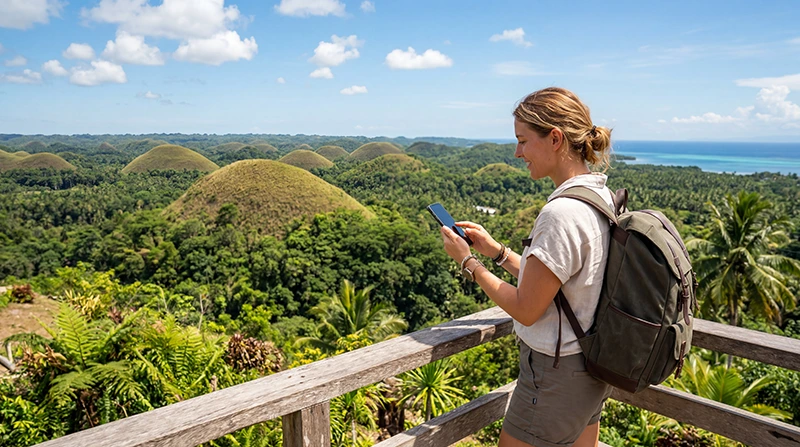 Traveler using a Philippines eSIM while visiting the Chocolate Hills and Panglao Island in Bohol
