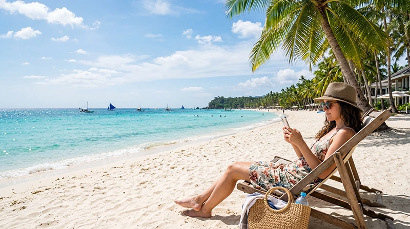 Traveler using a Philippines eSIM while enjoying White Beach in Boracay