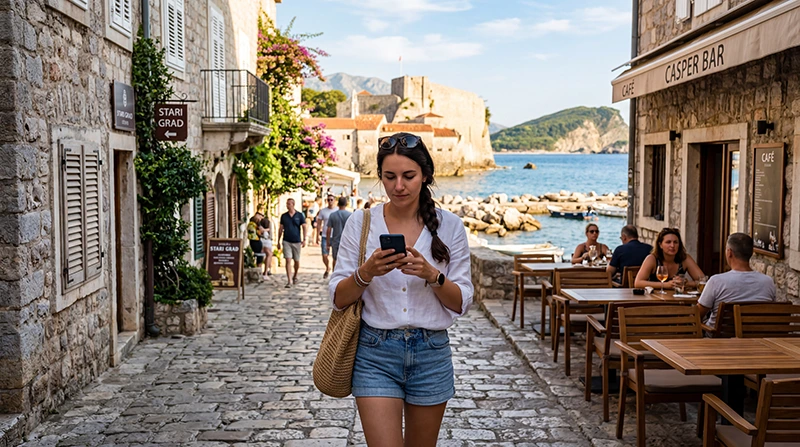 Tourist using an eSIM while exploring Budva Old Town in Montenegro