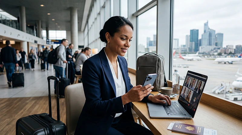 Business traveler using France eSIM and mobile internet during a work trip in France
