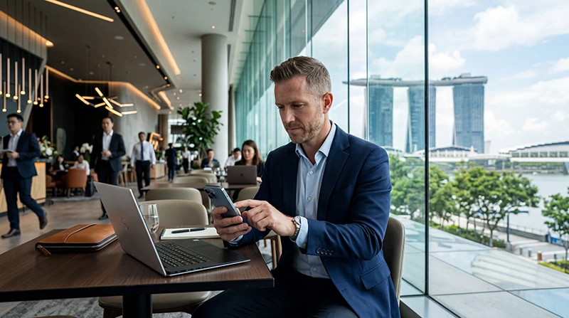 Business traveler using Singapore eSIM for mobile internet during meetings and conferences