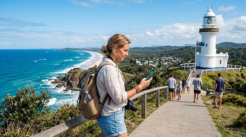 Traveler using an eSIM while exploring Byron Bay Australia near Cape Byron Lighthouse