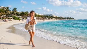 Traveler using an eSIM on a smartphone while visiting Cancun beach in Mexico