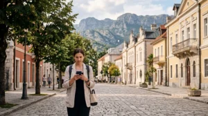 Traveler using an eSIM while exploring Cetinje in Montenegro