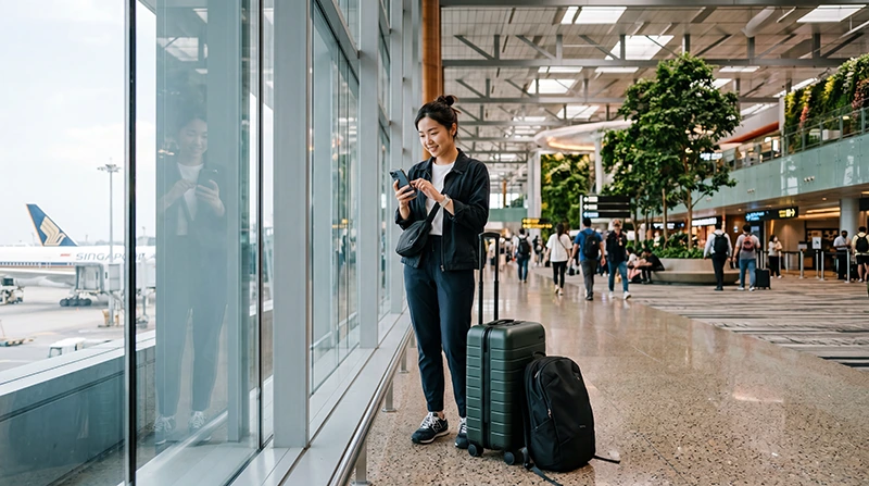 Traveler using the best eSIM for Changi Airport arrival and Singapore mobile internet