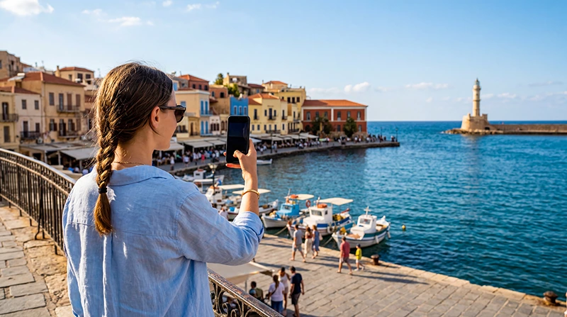 Tourist using an eSIM in Chania near the Venetian Harbor and lighthouse