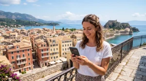 Tourist using an eSIM in Corfu near the Old Town and Ionian Sea