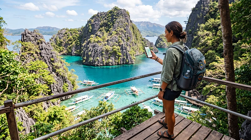 Traveler using a Philippines eSIM while exploring Coron lagoons and island destinations