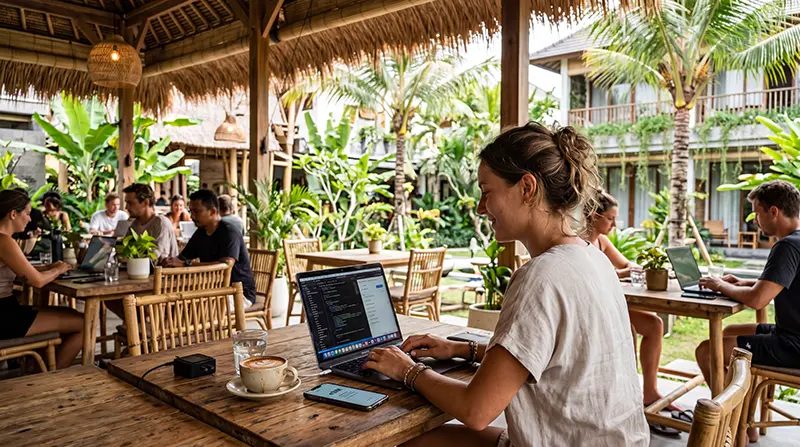 Digital nomad working remotely in a Bali coworking space using an eSIM for mobile internet backup