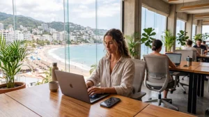 Digital nomad working on a laptop in Mexico while using eSIM mobile internet