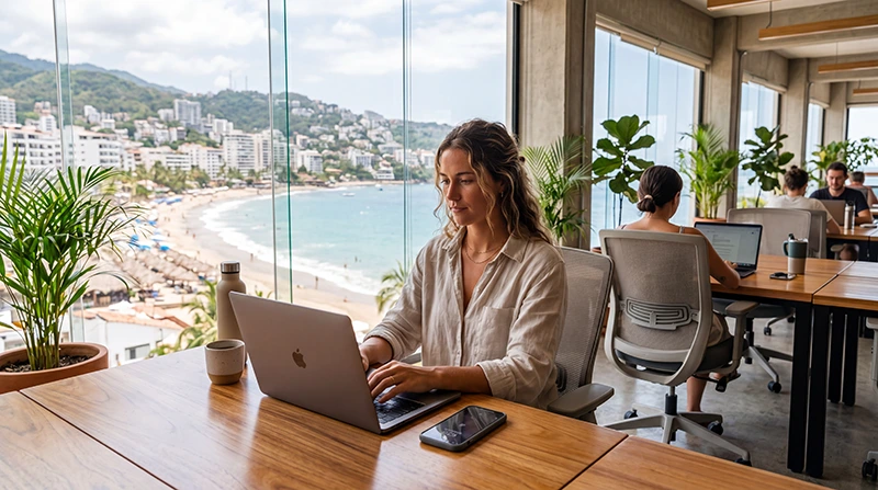 Digital nomad working on a laptop in Mexico while using eSIM mobile internet
