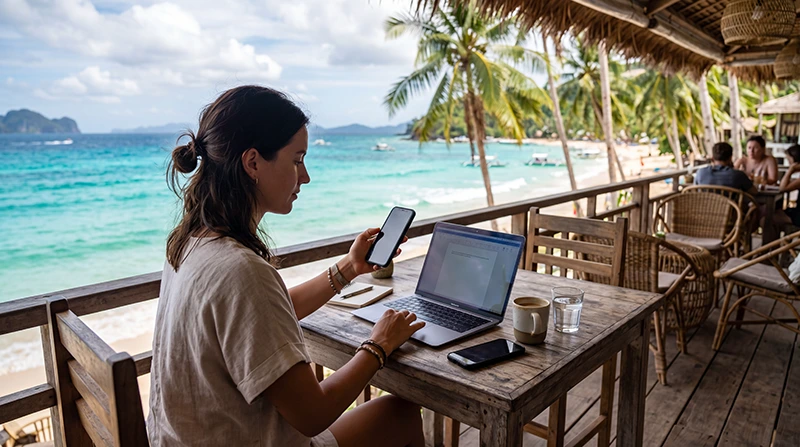 Digital nomad using a Philippines eSIM while working remotely from a tropical island workspace