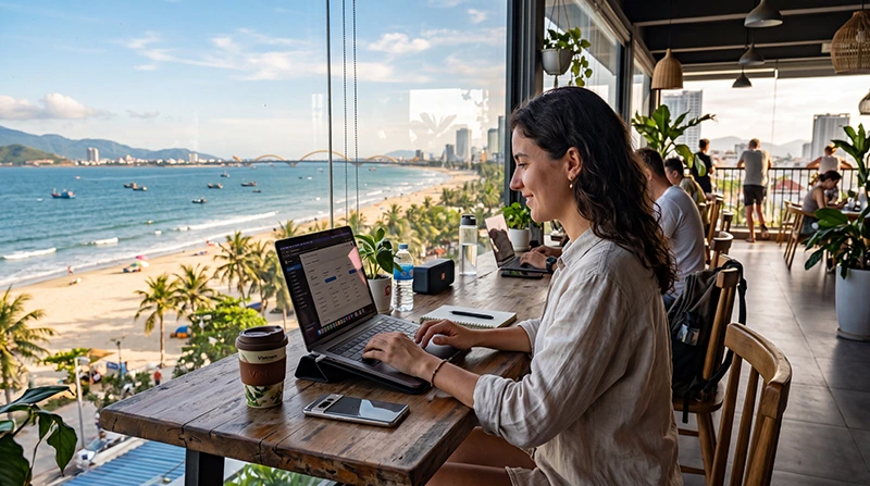 Digital nomad working remotely in Vietnam using a travel eSIM for reliable mobile internet