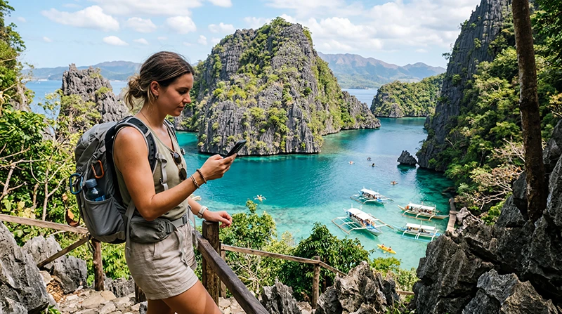 Traveler using a Philippines eSIM while exploring El Nido lagoons and beaches