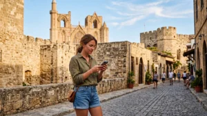 Tourist using an eSIM for mobile internet while visiting Famagusta in North Cyprus