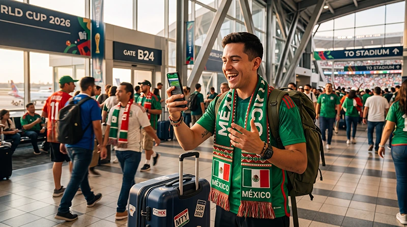 Football fan using eSIM mobile data while following their team during World Cup 2026