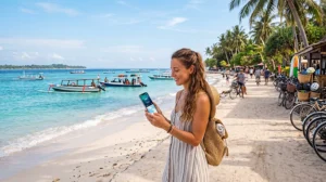 Traveler using an eSIM on a smartphone while visiting the Gili Islands in Indonesia