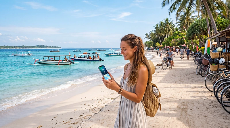 Traveler using an eSIM on a smartphone while visiting the Gili Islands in Indonesia