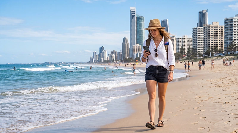 Traveler using an eSIM on the Gold Coast Australia while exploring the beach and city