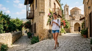 Traveler using an eSIM for mobile internet while visiting Güzelyurt in North Cyprus