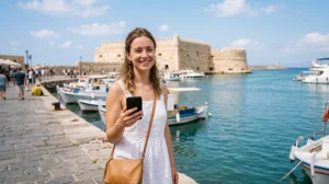 Tourist using an eSIM in Heraklion near the Venetian Harbor and Koules Fortress