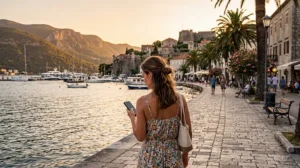 Traveler using an eSIM while exploring Herceg Novi in Montenegro