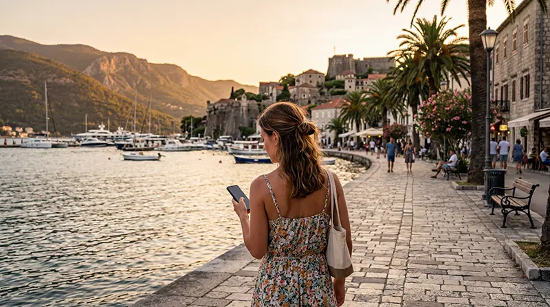 Traveler using an eSIM while exploring Herceg Novi in Montenegro