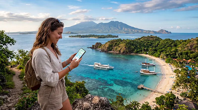 Traveler using an eSIM on a smartphone while island hopping across Indonesia including Bali, Lombok, Gili Islands and Komodo Islands