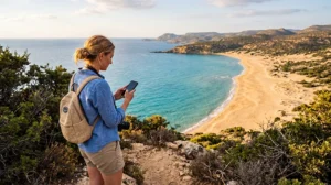 Traveler using an eSIM for mobile internet while exploring the Karpaz Peninsula in North Cyprus
