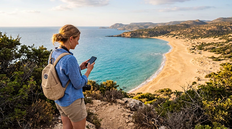 Traveler using an eSIM for mobile internet while exploring the Karpaz Peninsula in North Cyprus