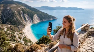 Tourist using an eSIM in Kefalonia near Myrtos Beach and the Ionian Sea