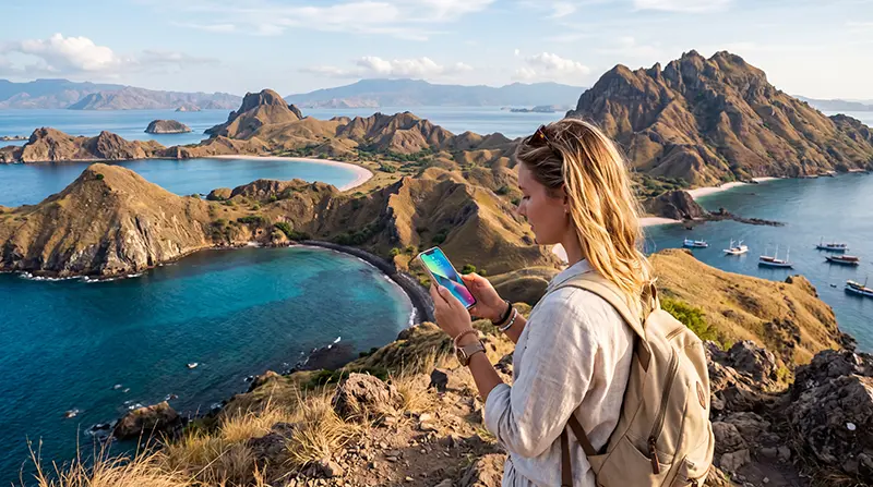 Traveler using an eSIM on a smartphone while visiting the Komodo Islands in Indonesia