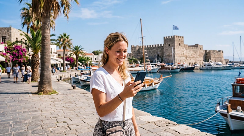 Tourist using an eSIM in Kos near the harbor, medieval castle and Aegean Sea