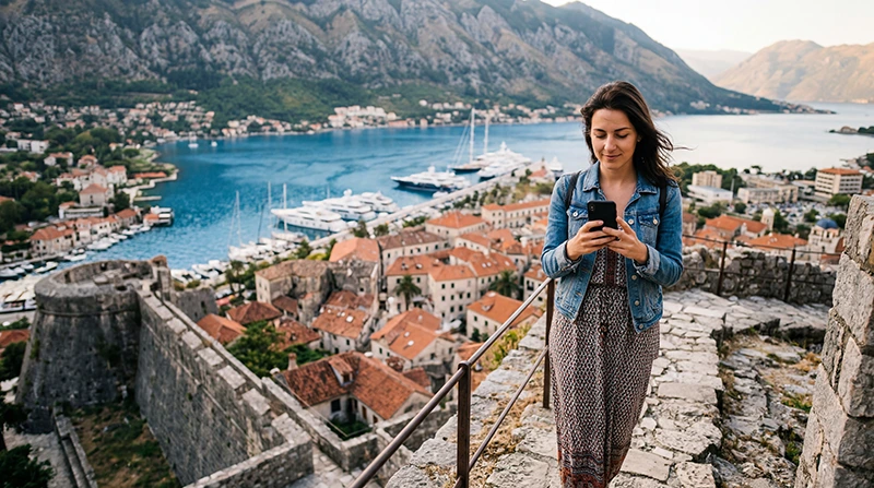 Tourist using an eSIM while exploring Kotor Old Town in Montenegro