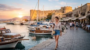 Traveler using an eSIM for mobile internet while exploring Kyrenia Harbour in North Cyprus