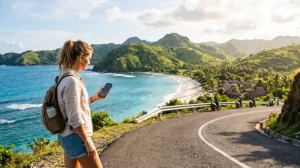 Traveler using an eSIM on a smartphone while exploring Lombok Island in Indonesia