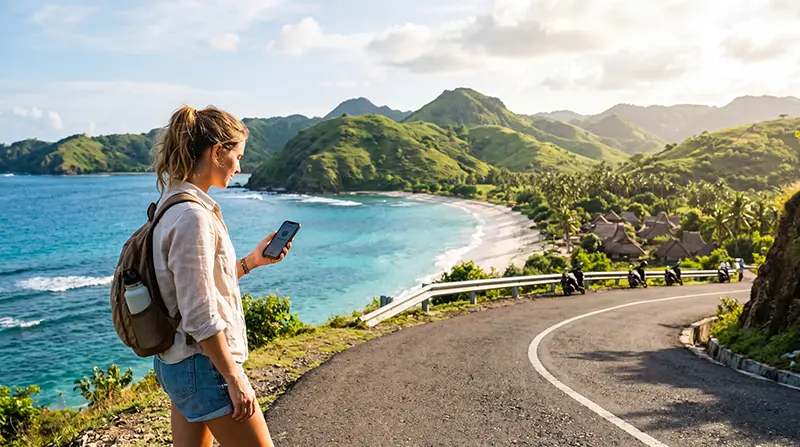 Traveler using an eSIM on a smartphone while exploring Lombok Island in Indonesia