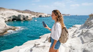 Tourist using an eSIM in Milos near Sarakiniko Beach and the Aegean Sea